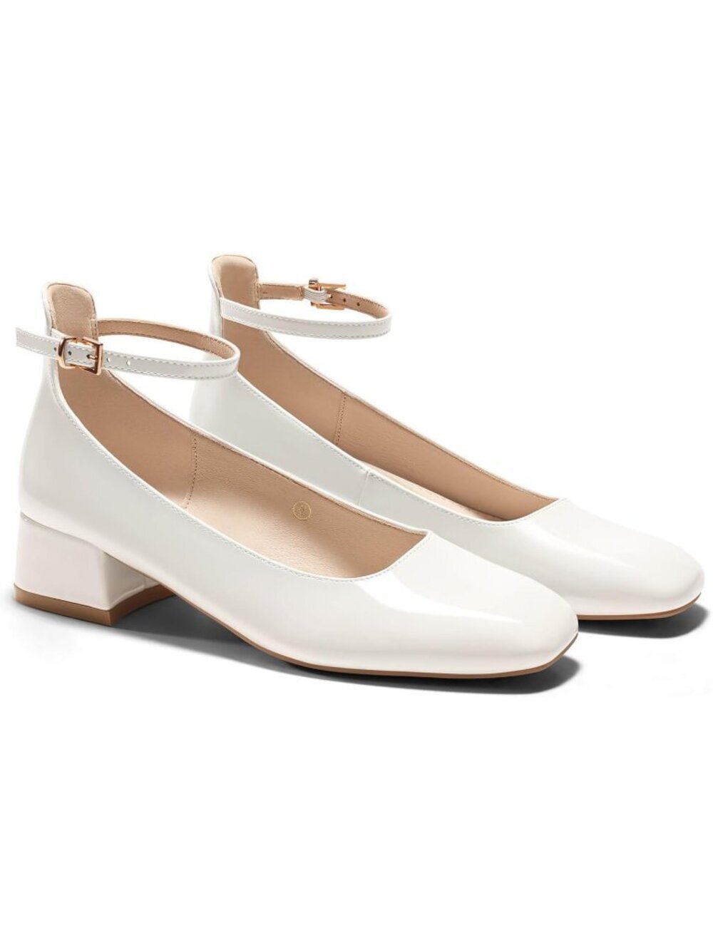 Women's White Chunky Low Heels Closed Square Toe Ankle Strap Pumps Shoes